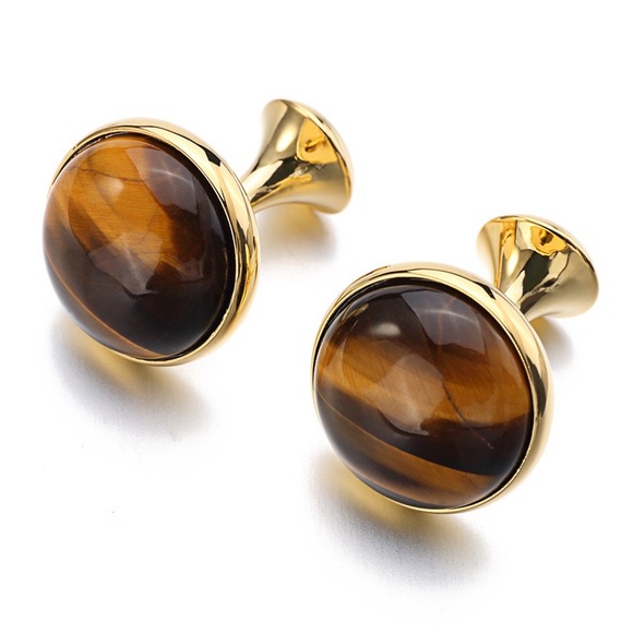 Elegant Round Brown & Gold Striped Tiger’s Eye Cufflinks - Picture 1 of 17